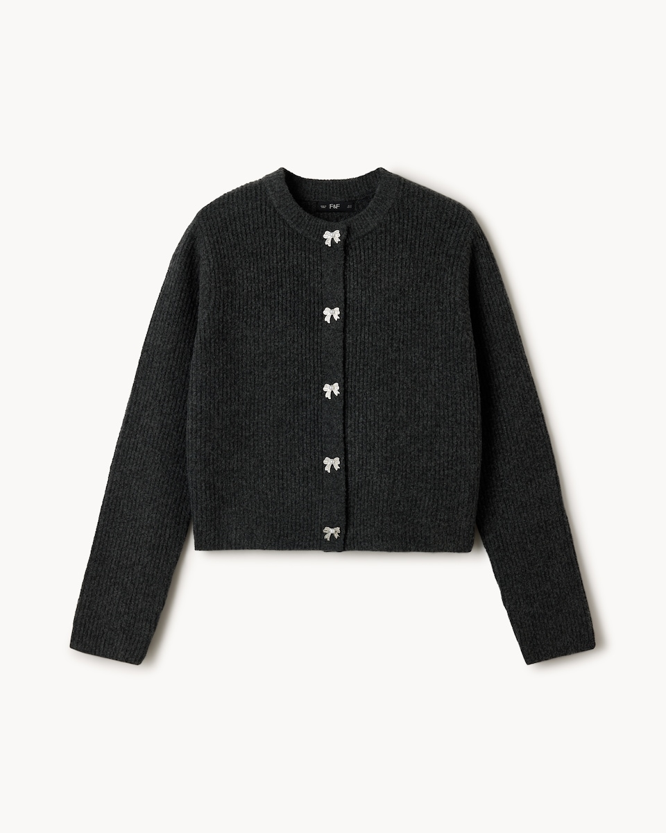 image 1 of F&F Ribbed Diamanté Bow Button Cardigan in Grey
