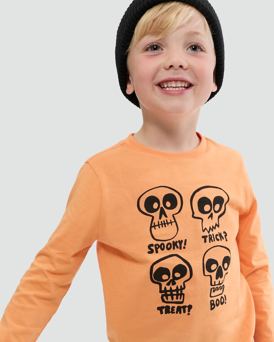 image 1 of F&F Boys Cotton Rich Spooky Skull Print Top and Leggings Set in Orange