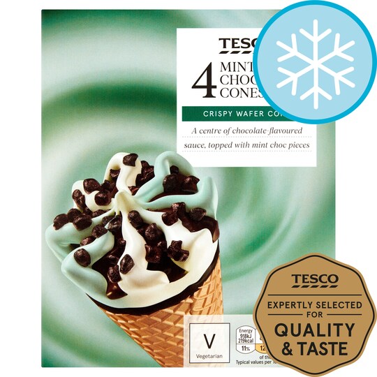 Tesco 4 Mint & Chocolate Cones 440Ml Tesco Groceries