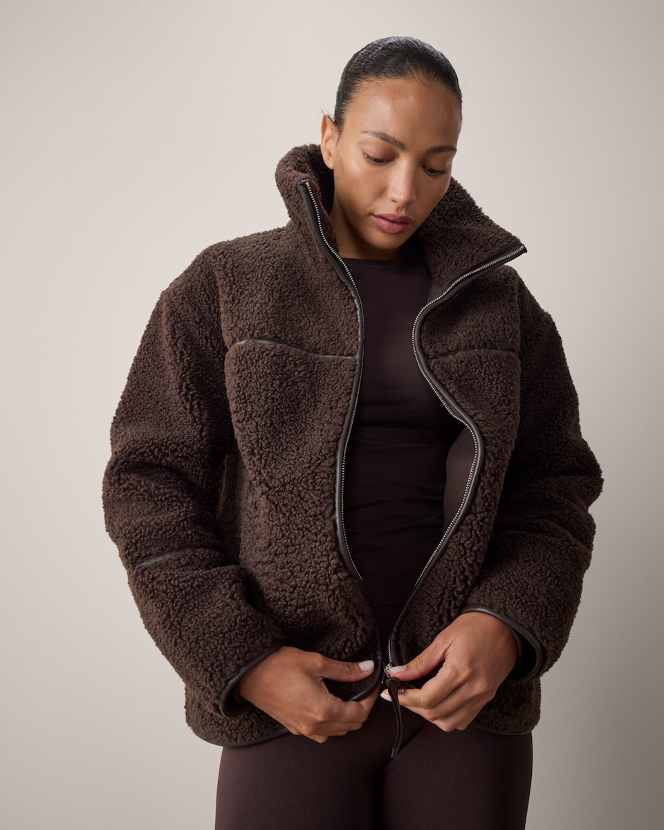 image 1 of F&F Active OUTDOOR Borg Textured Zip Up Jacket in Brown