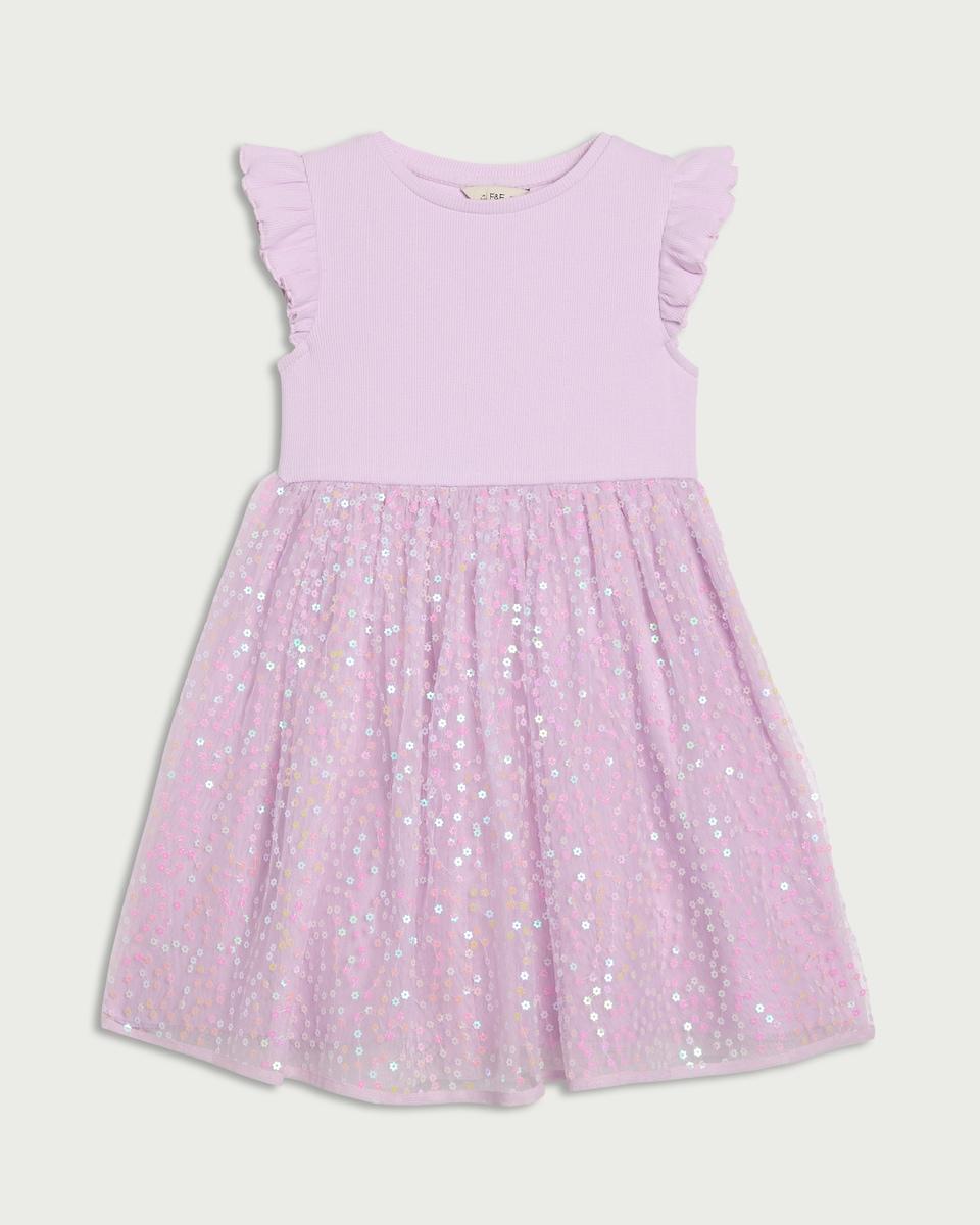 image 1 of F&F Girls Sequin Tulle Dress in Lilac