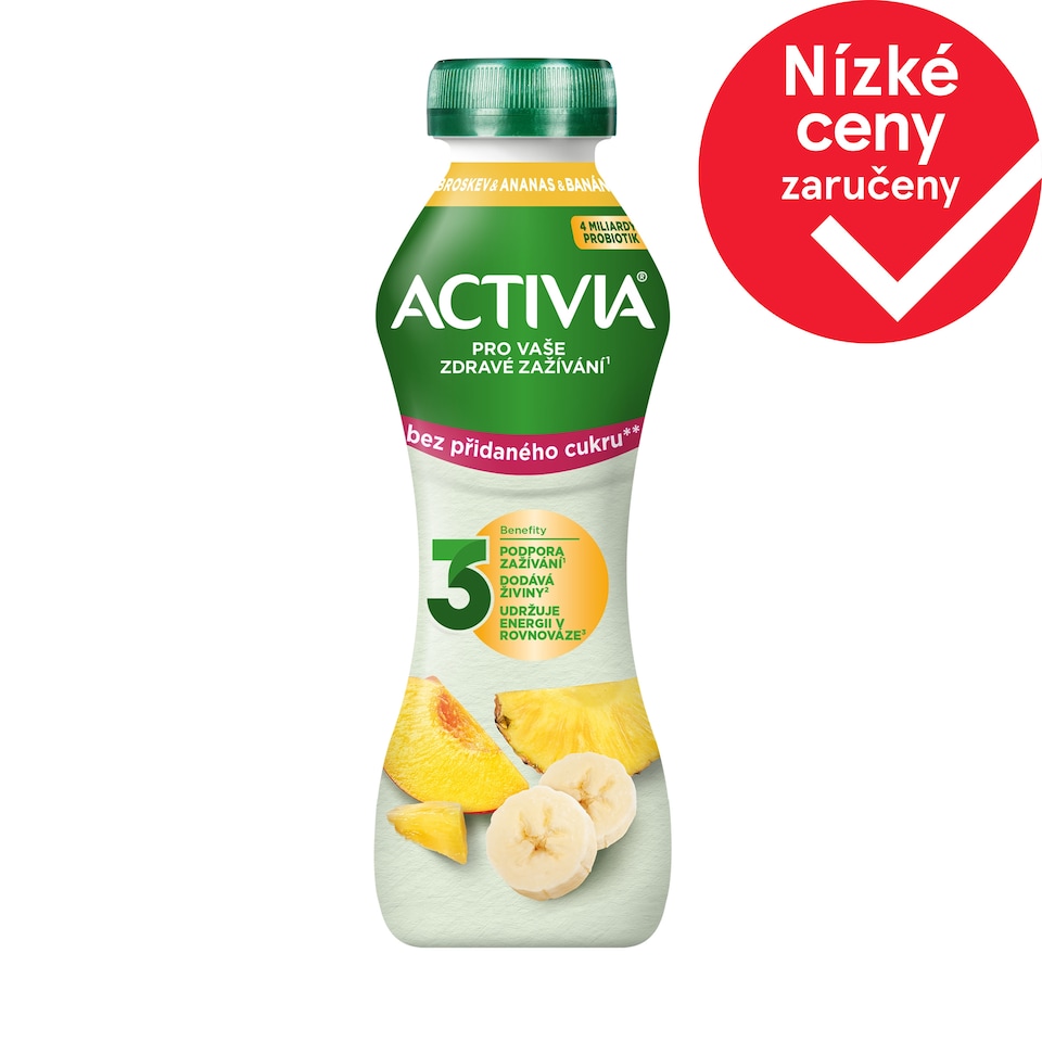 ACTIVIA Nápoj bez přidaného cukru broskev/ananas/banán 270g