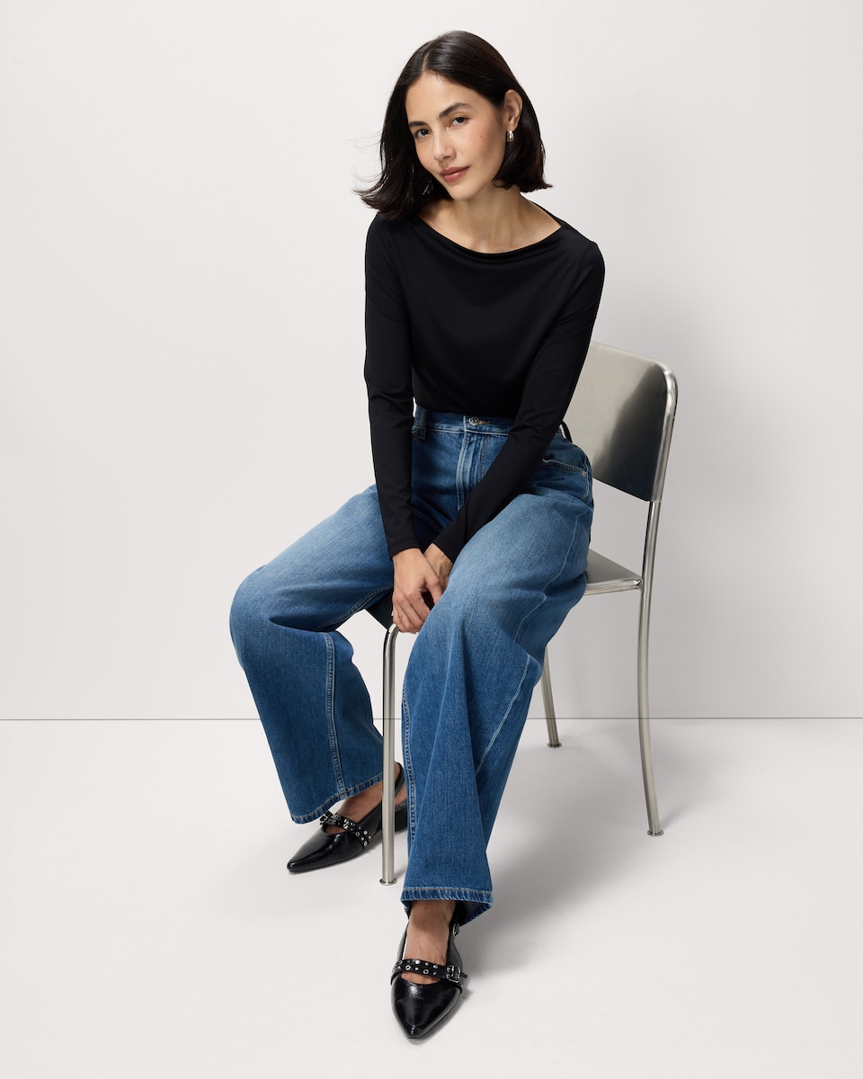 image 1 of F&F Polyamide Slash Neck Top in Black