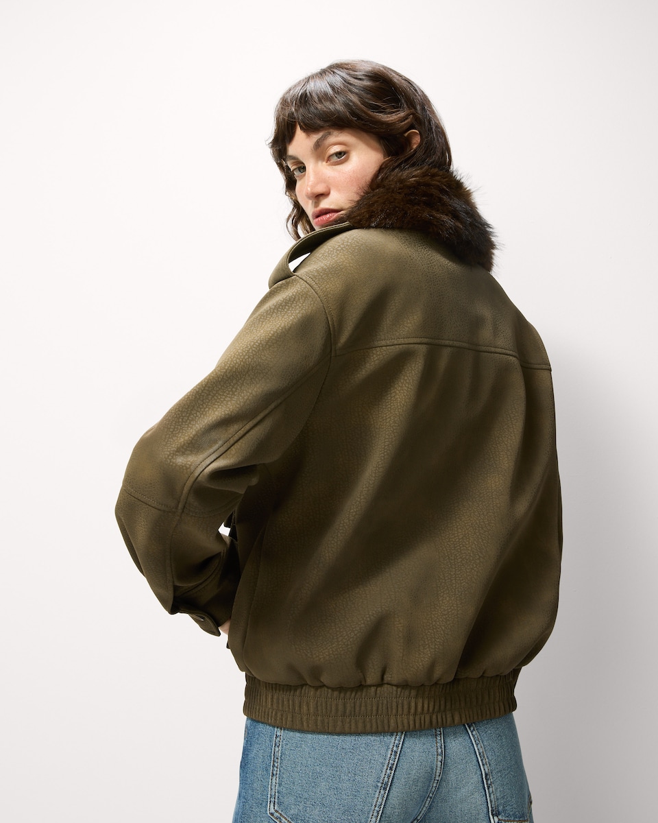 image 1 of F&F Faux Fur Collared Jacket in Khaki
