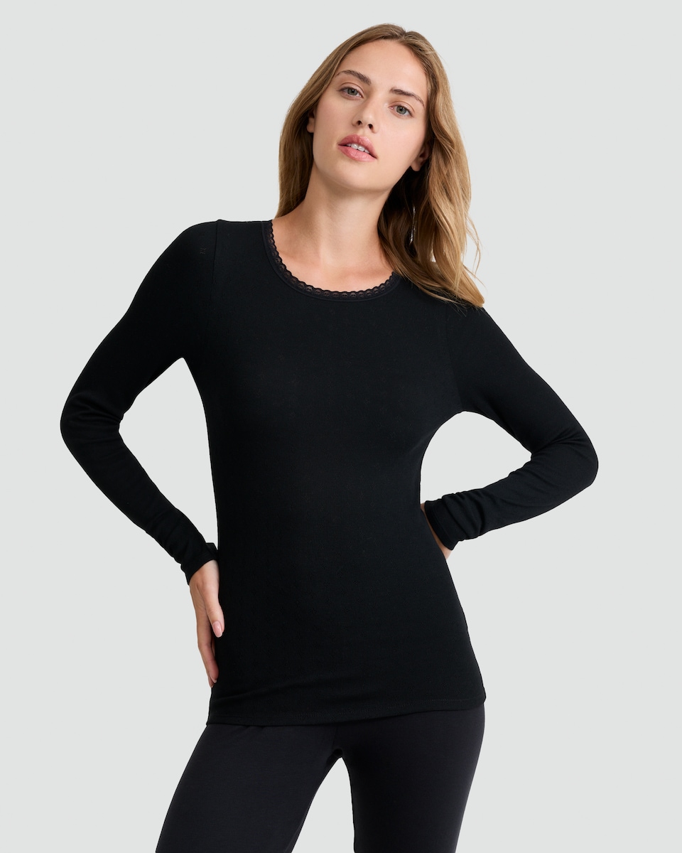 image 1 of F&F 2-Pack WARMPLUS™ Medium Warmth Long Sleeved Pointelle Thermal Tops in Black