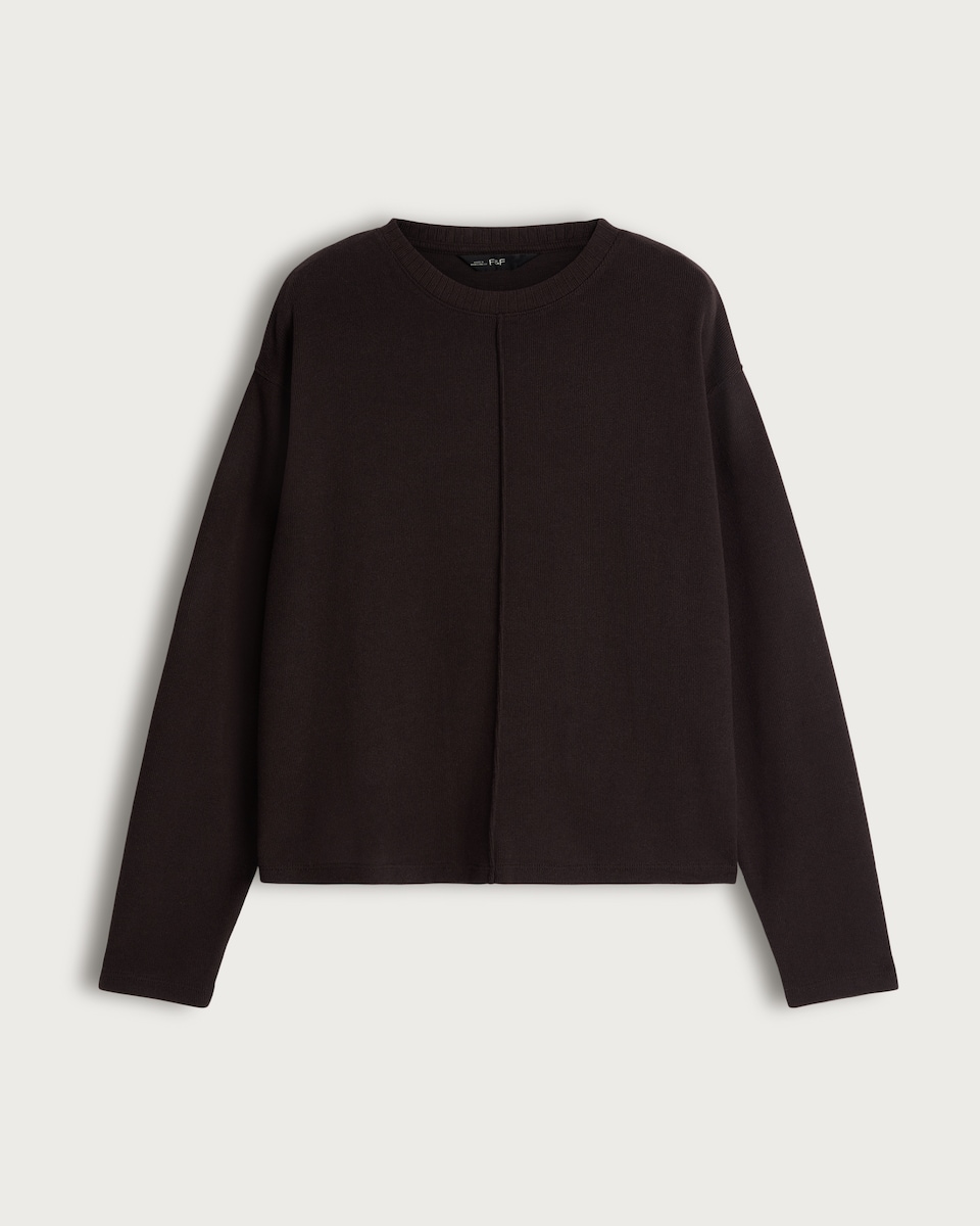 image 1 of F&F Seam Detail Crew Neck Long Sleeved Co-Ord Top in Brown