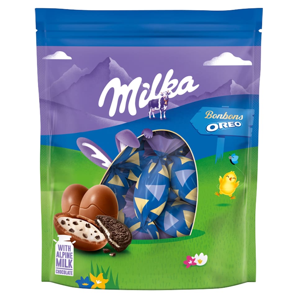 Milka Oreo Alpine Milk Chocolate Bonbons with Vanilla Cream Filling and Cocoa Biscuit Pieces 86 g