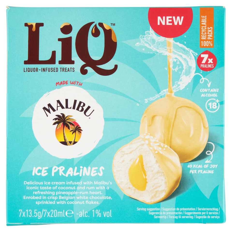 LiQ Ice Pralines Malibu jégkrém és ananászszósszal, fehércsokoládéval 7 x 20 ml