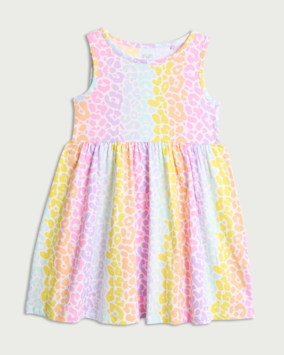 image 1 of F&F Girls Pure Cotton Animal Print Sleeveless Dress in Multi White