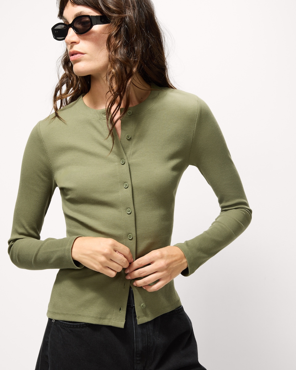 image 1 of F&F Cotton Rich Ribbed Button Up Top in Olive