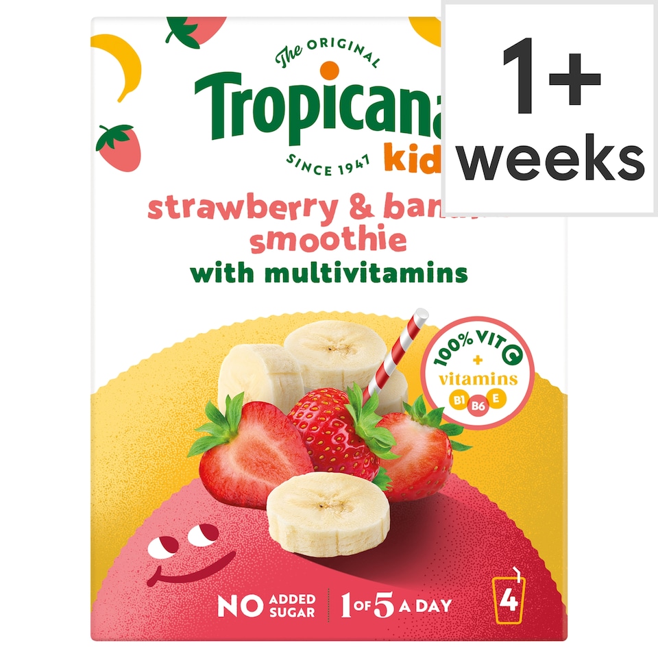 image 1 of Tropicana Kids Smoothies - Strawberry & Banana 4 x 150ml