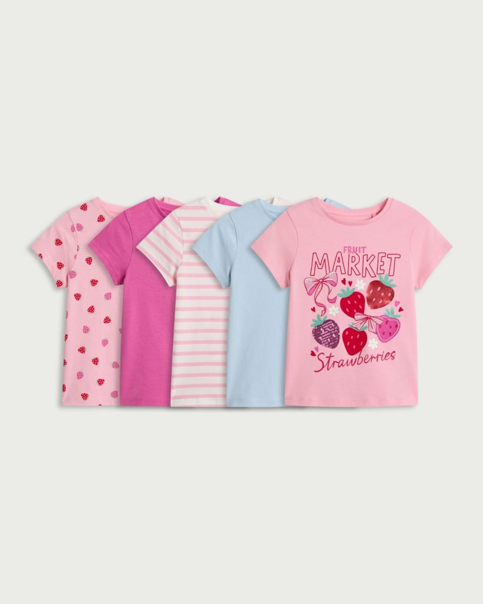 image 1 of F&F Girls 5-Pack Pure Cotton T-Shirts in Multi Pink