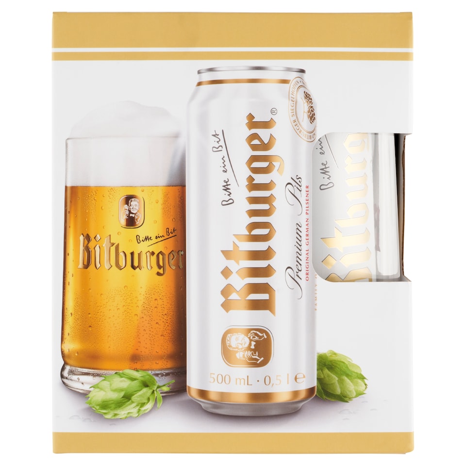 Bitburger German Lager Beer 4,8% 4 x 0,5 l + 1 Branded 0,5 l Glass