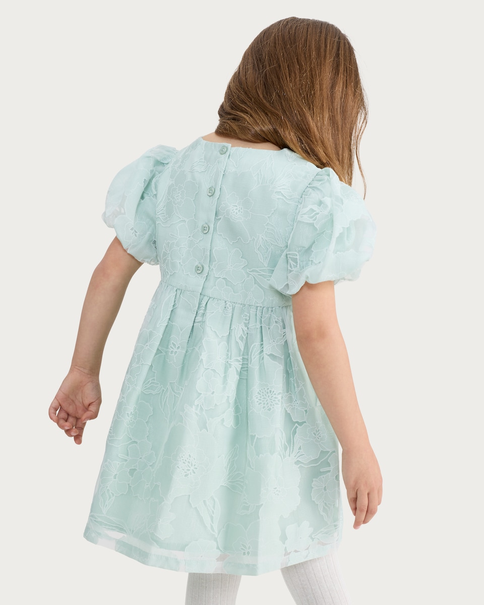 image 1 of F&F Girls Floral Print Puff Sleeved Dress in Green