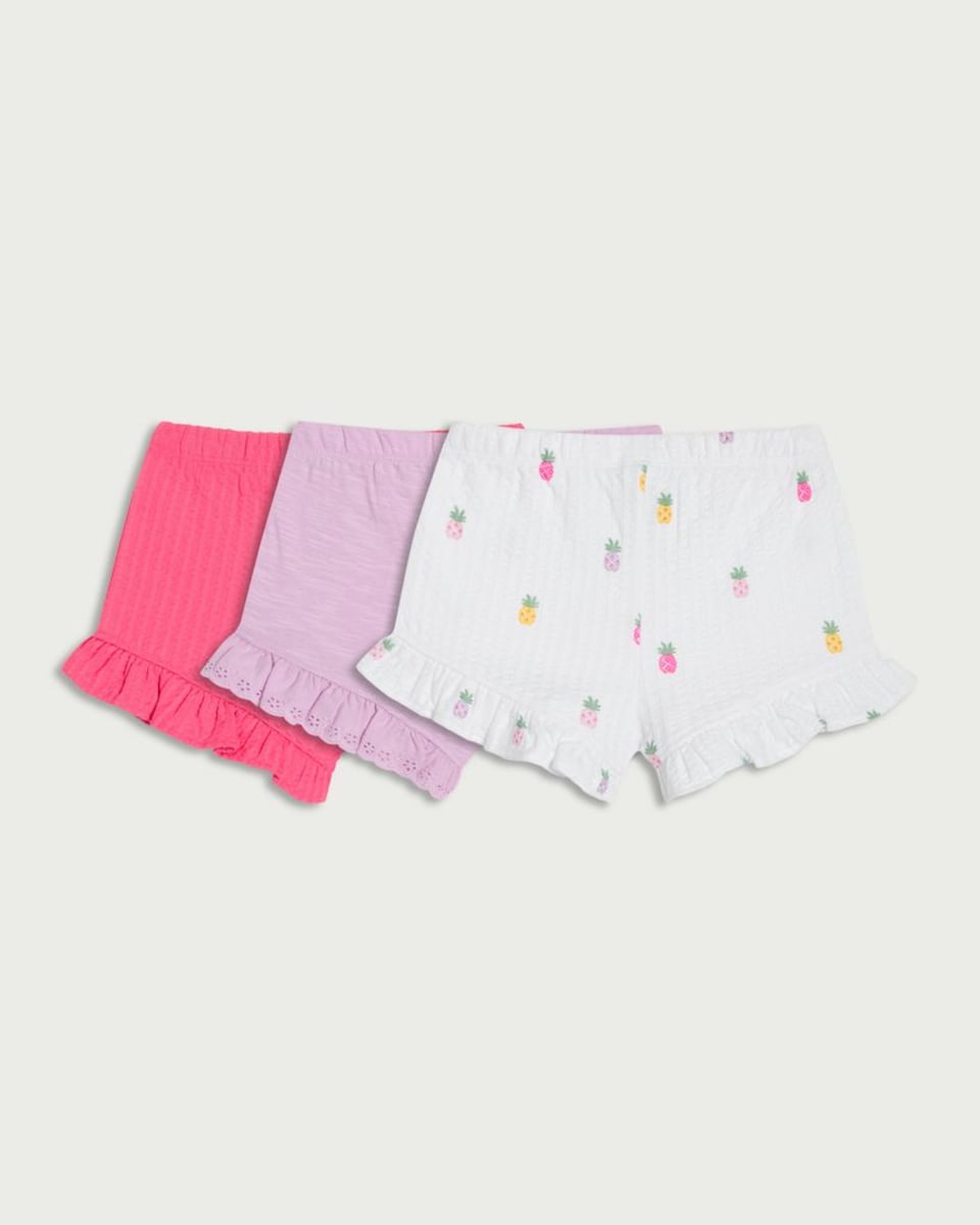 image 1 of F&F Baby 3-Pack Pure Cotton Textured Pineapple Print Ruffle Hem Shorts in Pink