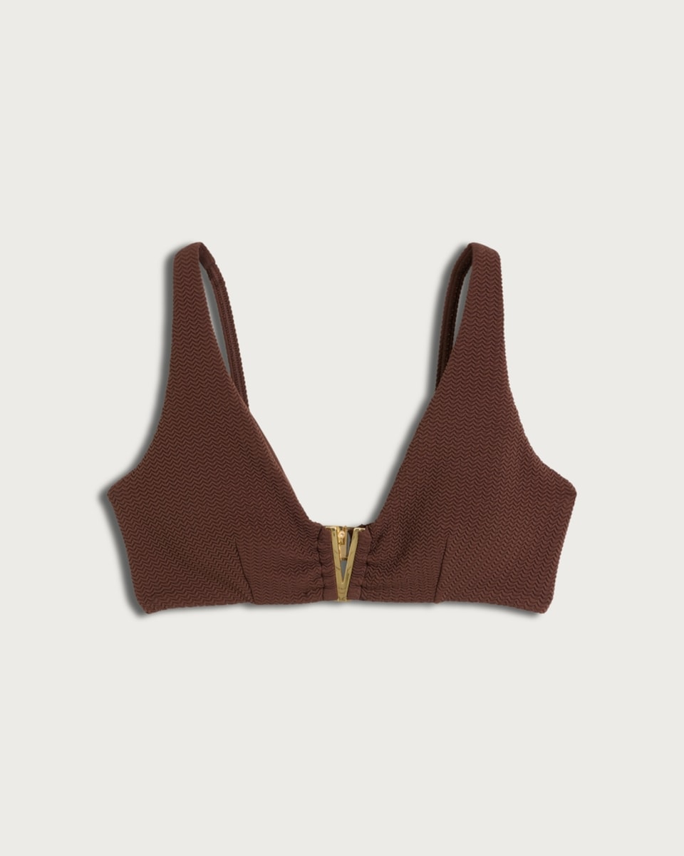 image 1 of F&F Textured V Bar Bikini Top in Chocolate