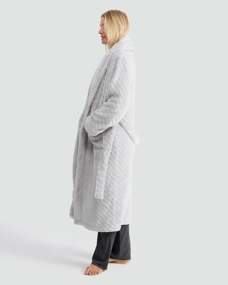 image 1 of F&F Fleece Textured Striped Dressing Gown in Grey