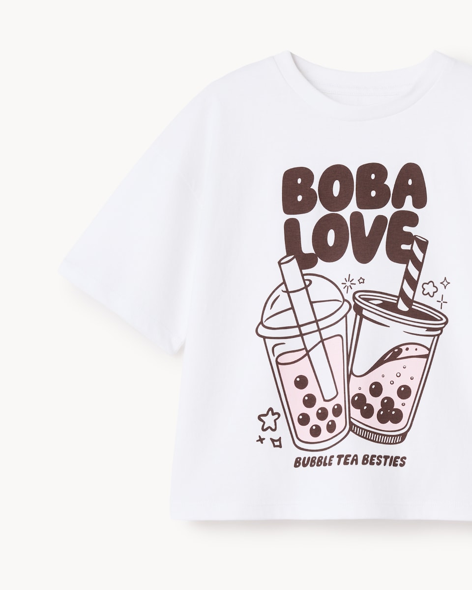 image 1 of F&F Girls Pure Cotton Boba Love T-Shirt in White