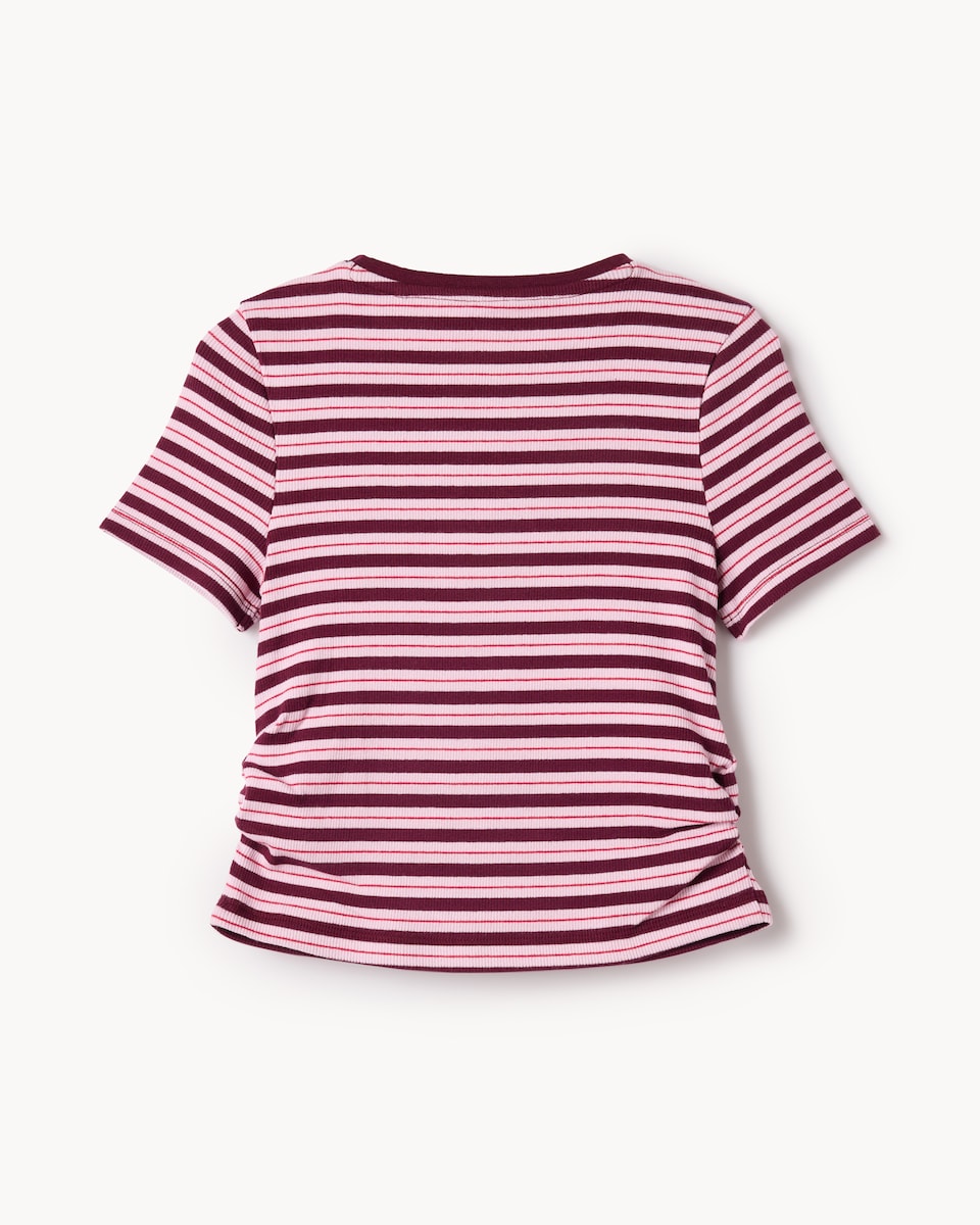 image 1 of F&F Girls Cotton Rich Ruched Side Striped T-Shirt in Burgundy
