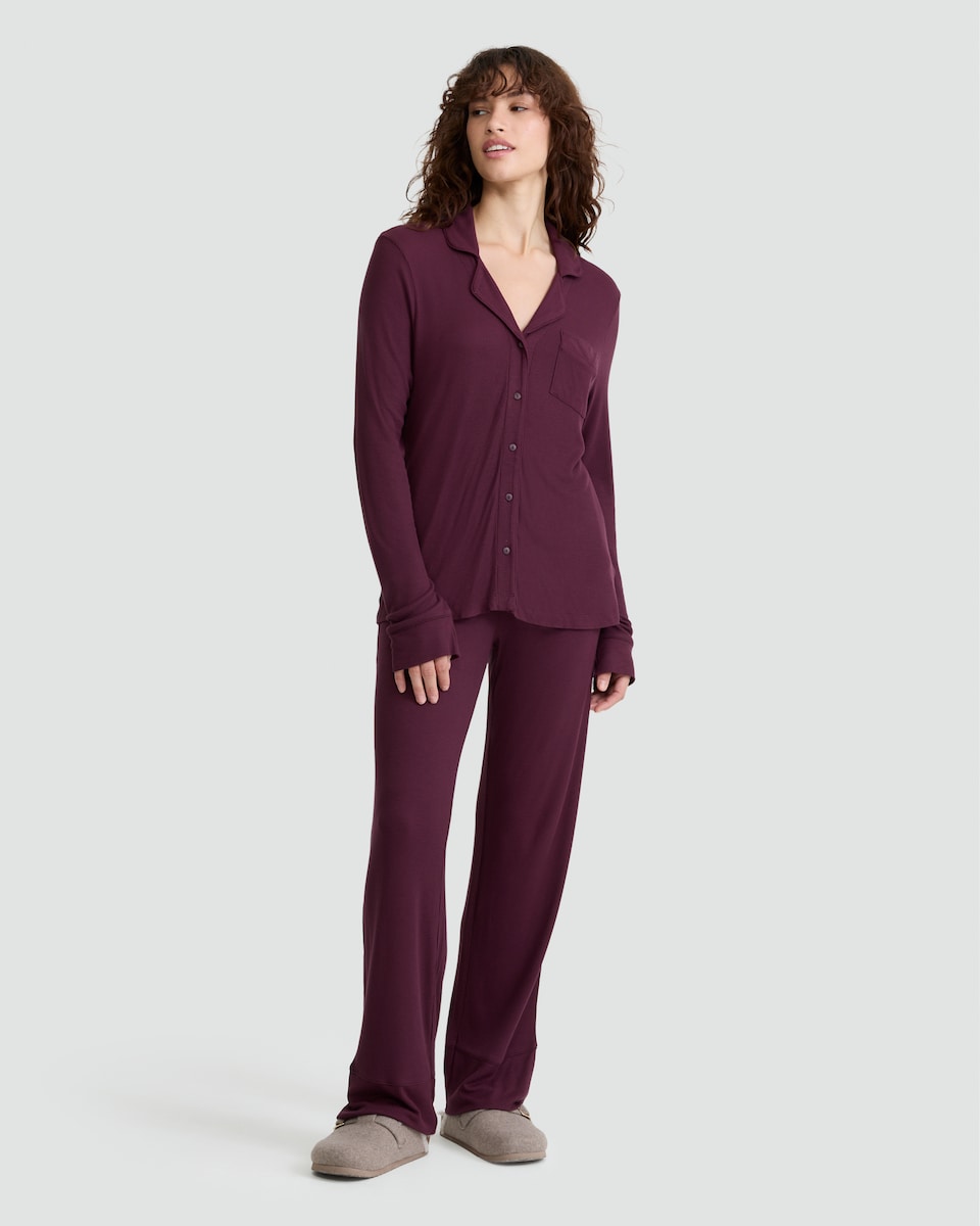 image 1 of F&F CoolEase™ Ribbed Wide Leg Button Up Revere Pyjama Set in Purple