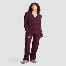 F&F CoolEase™  Ribbed Wide Leg Button Up Revere Pyjama Set in Purple