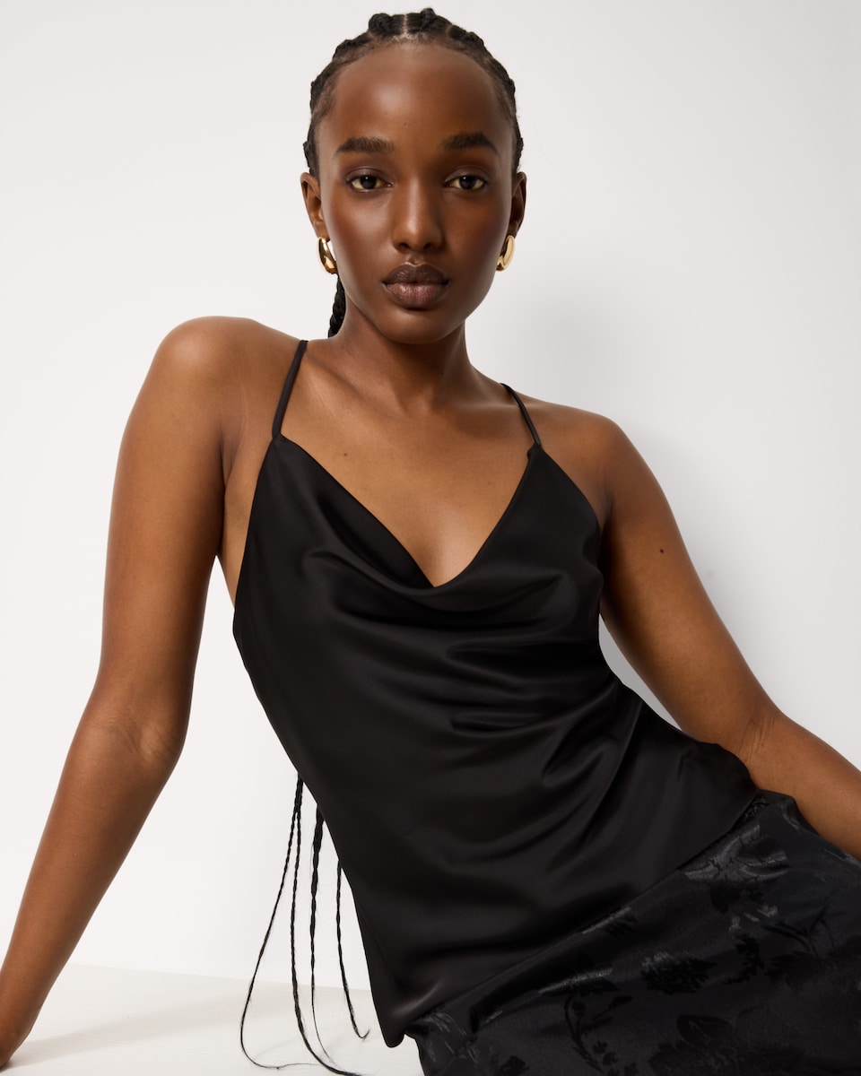 image 1 of F&F Satin Cowl Neck Cami Top in Black