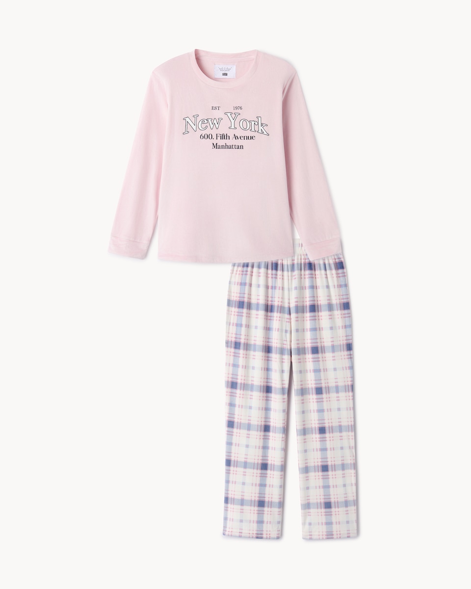 image 1 of F&F Fleece New York Checked Pyjama Set in Multi Pink