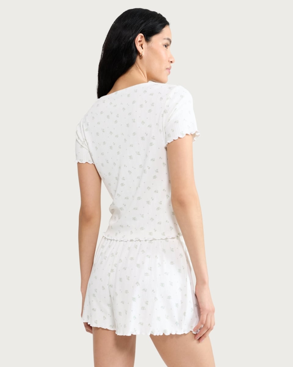 image 1 of F&F Pointelle Floral Print Short Sleeved Pyjama Top in White