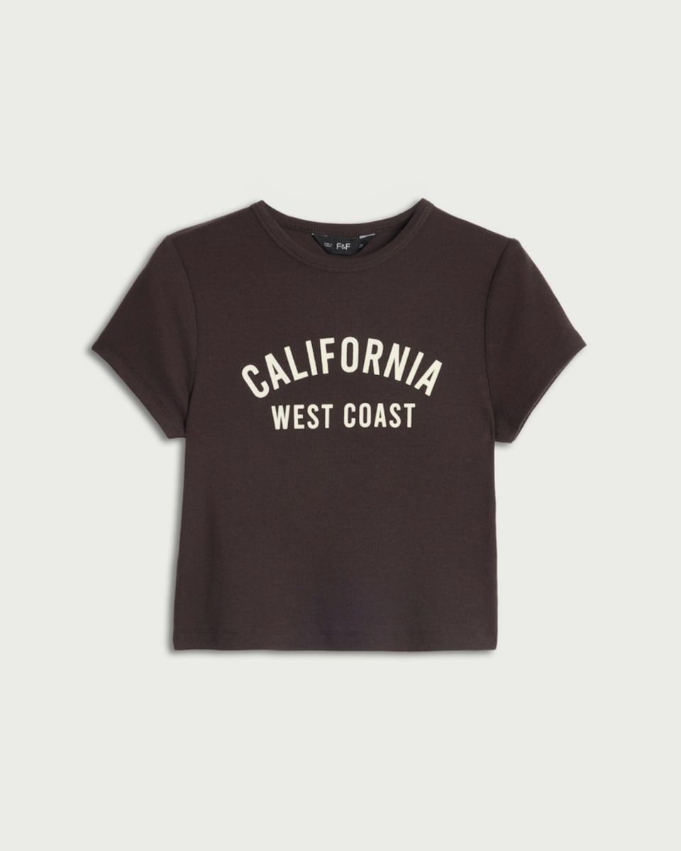 image 1 of F&F Cotton Rich California West Coast Slogan Cropped T-Shirt in Brown