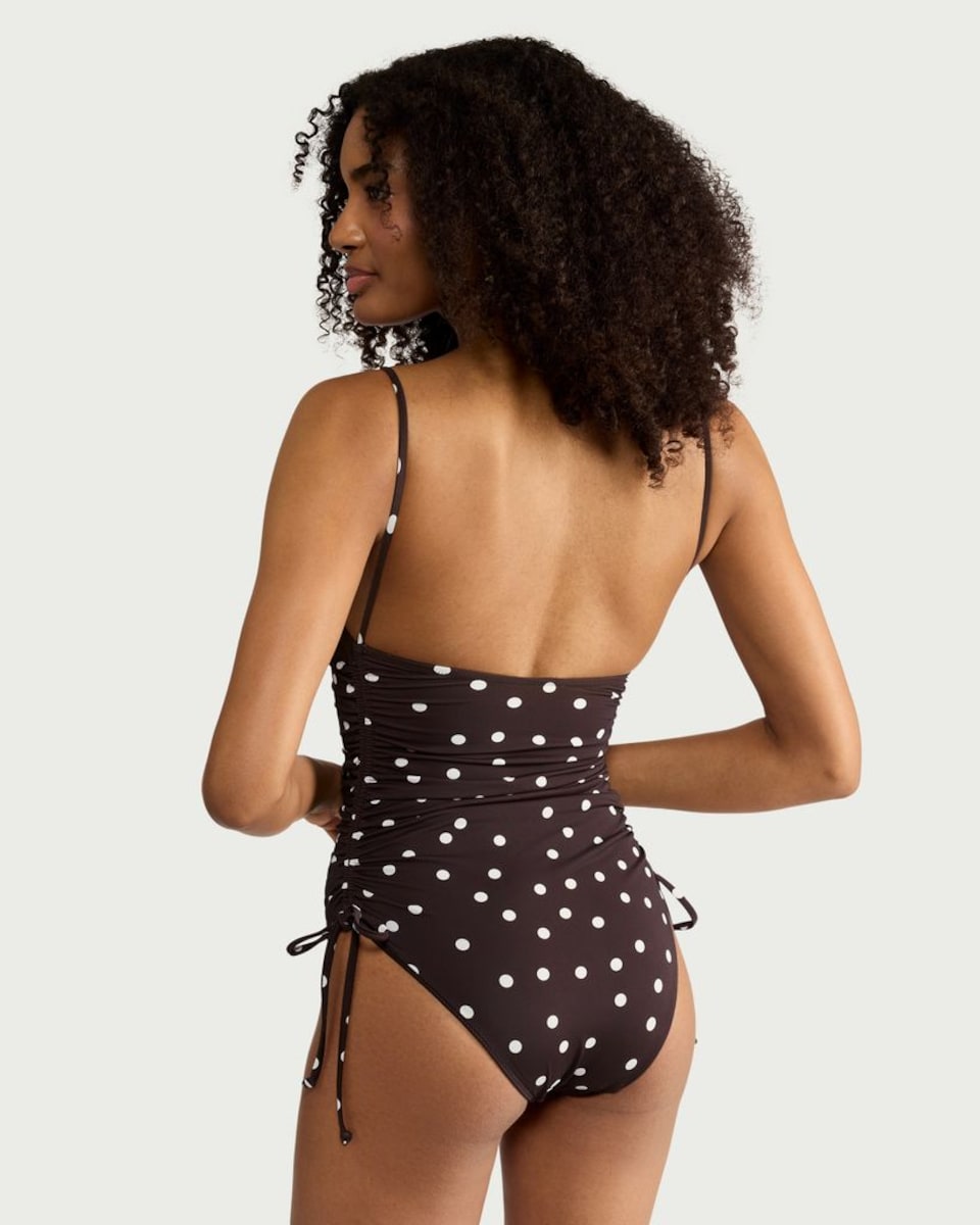 image 1 of F&F Polka Dot Ruched Tie Side Swimsuit in Multi Brown