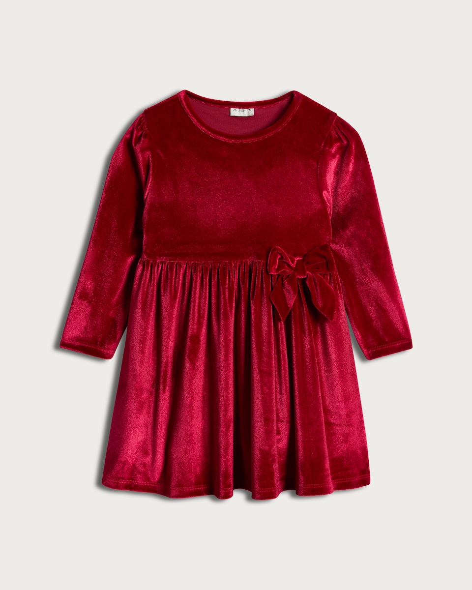 image 1 of F&F Girls Velour Long Sleeved Bow Dress in Red