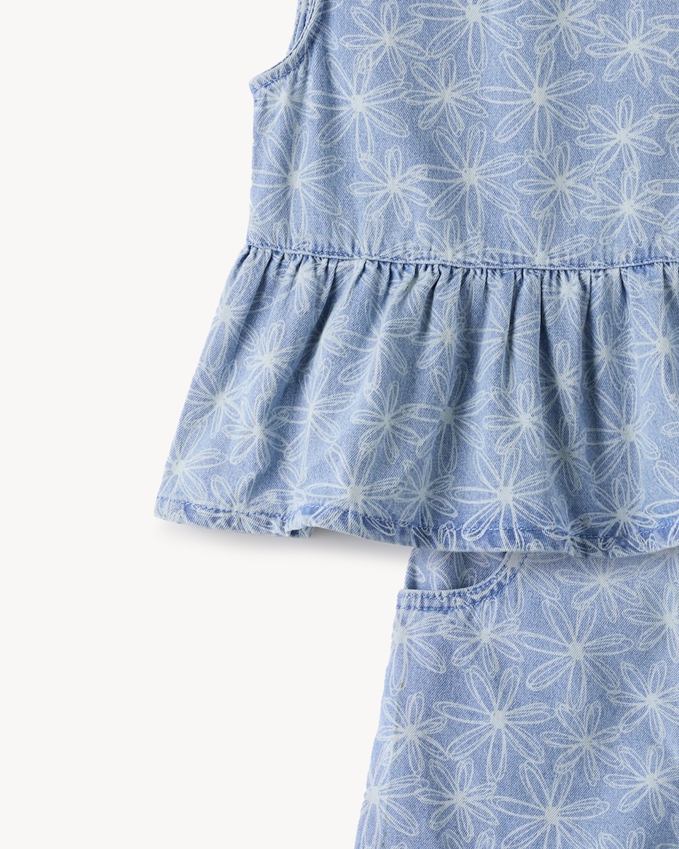 image 1 of F&F Girls 2-Piece Pure Cotton Floral Denim Top and Shorts Set in Blue