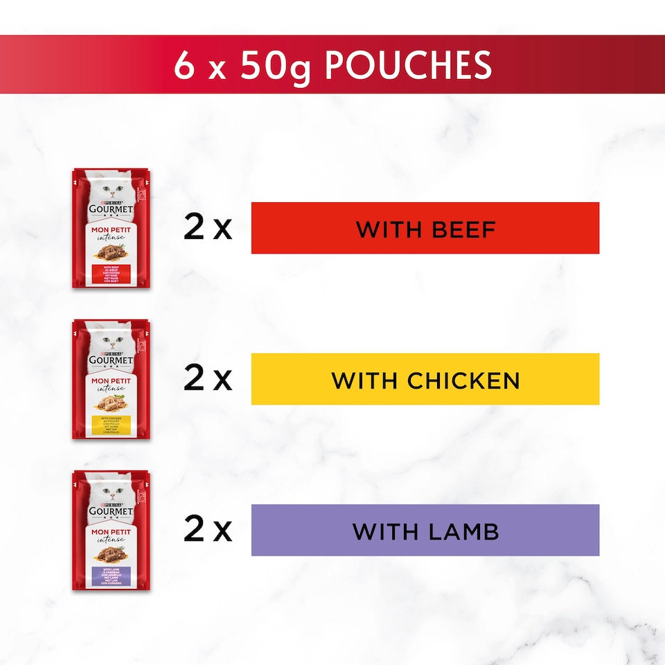 image 1 of GOURMET Mon Petit Meaty Variety Beef; Chicken; Lamb Wet Cat Food 6x50g