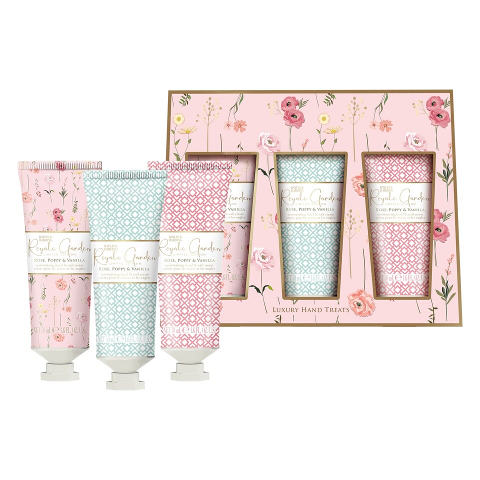 image 1 of Baylis & Harding Royale Garden Rose, Poppy & Vanilla Luxury Hand Treats Gift Set 3x 50ml