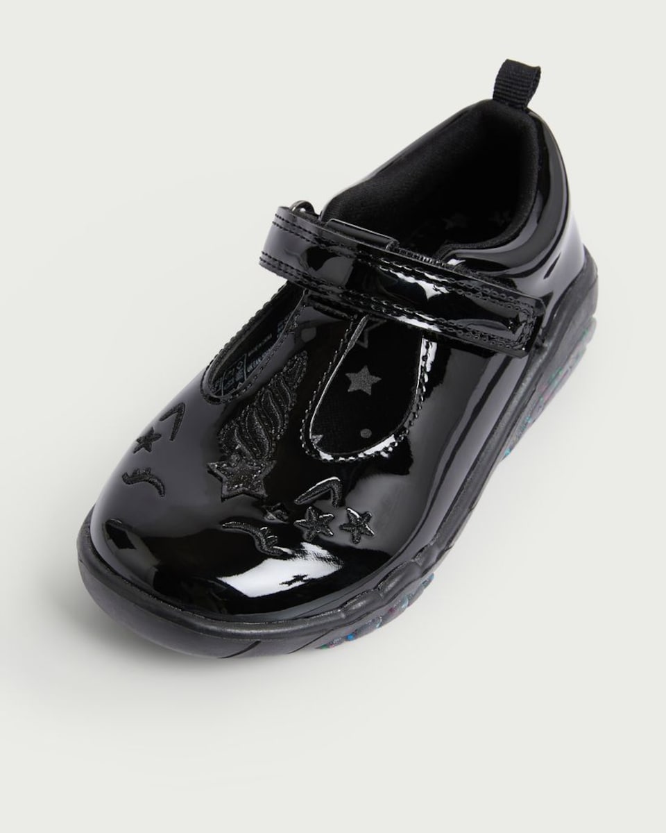 image 1 of F&F School Girls Patent Unicorn Embossed Shoes in Black