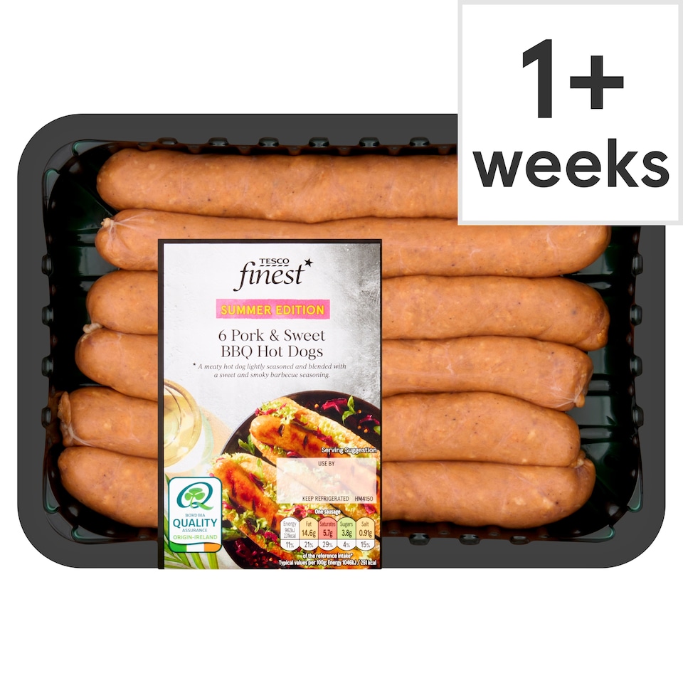 Tesco Finest 6 Pork and Sweet BBQ Hot Dogs 600g