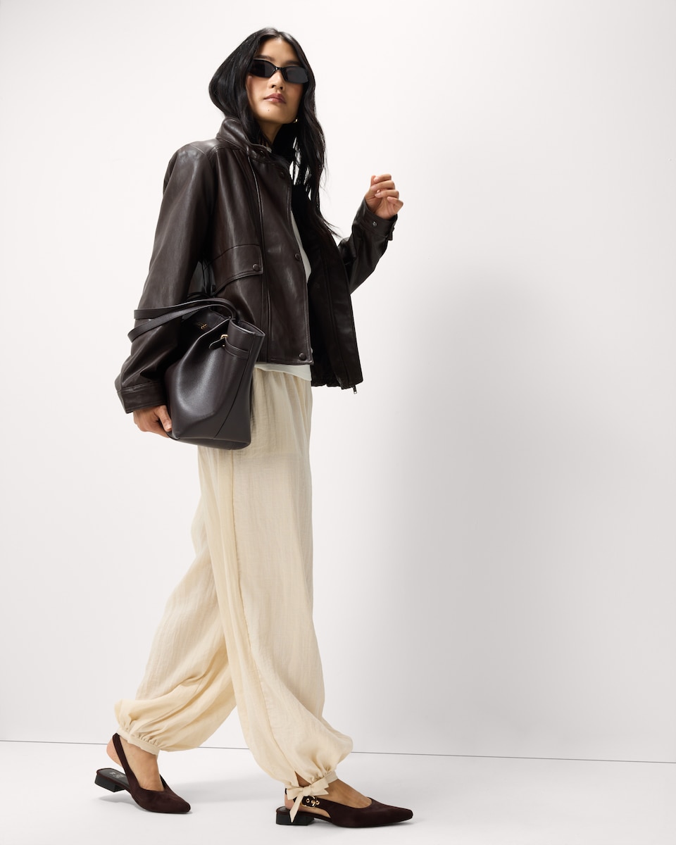image 1 of F&F Faux Leather Funnel Neck Jacket in Brown