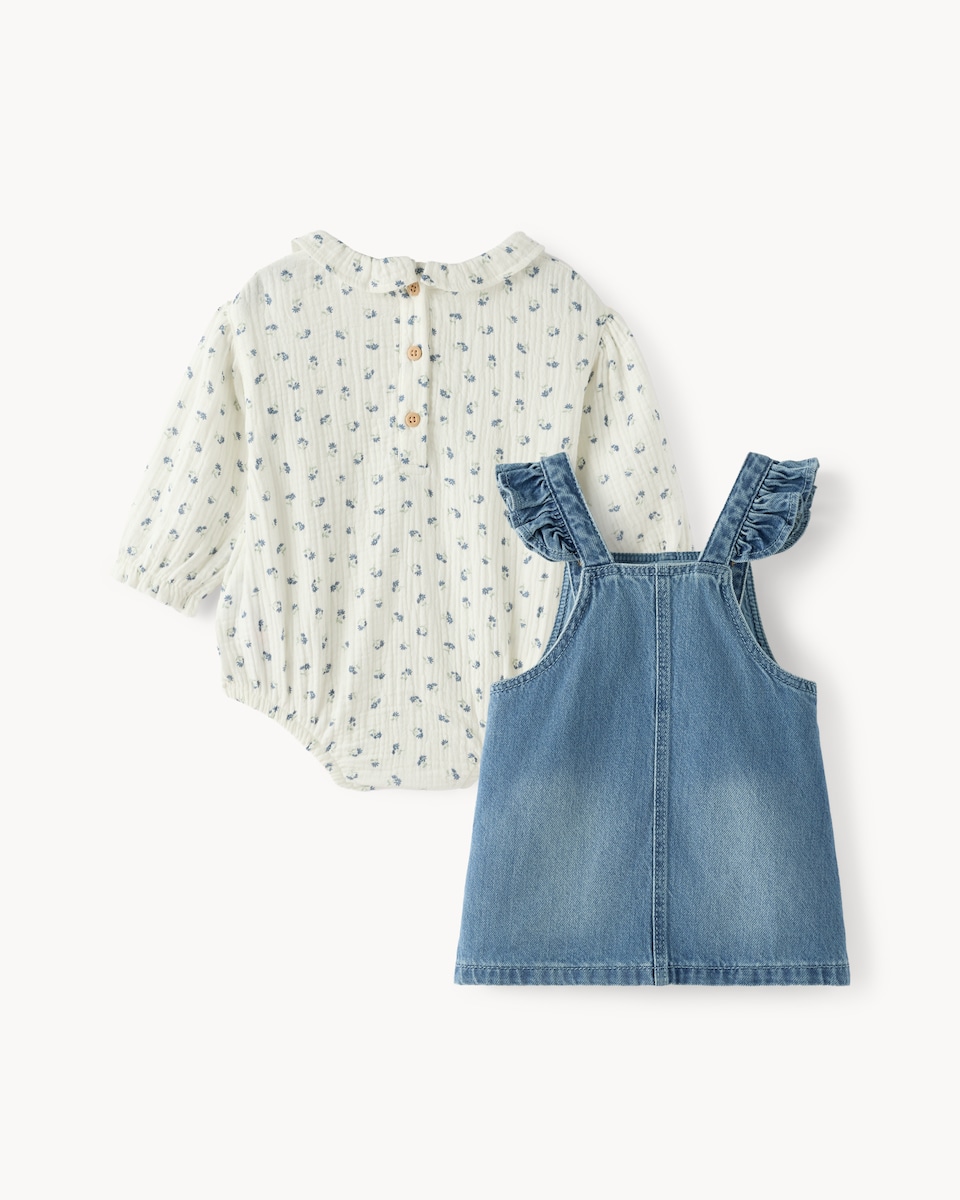 image 1 of F&F Baby Denim Pinny, Bodysuit and Tights Set in Blue