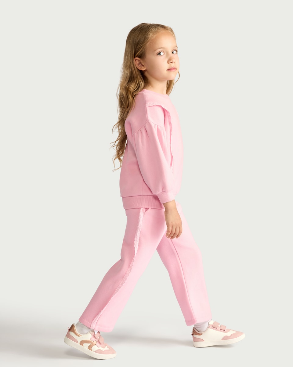 image 1 of F&F Girls 2-Piece Cotton Rich Lace Trim Sweatshirt and Joggers Set in Pink