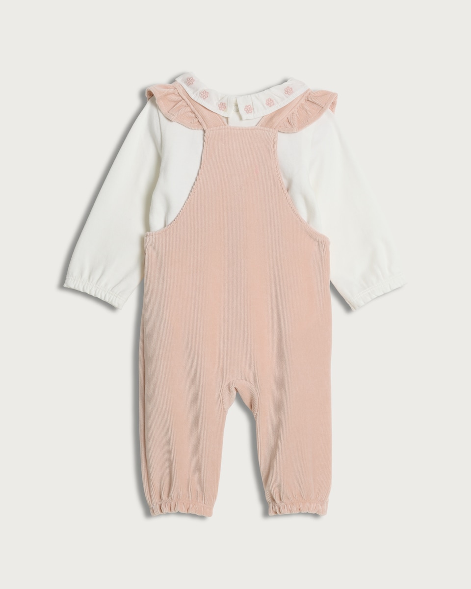 image 1 of F&F Baby 2-Piece Cotton Rich Ribbed Dungarees and Bodysuit Set in Pink