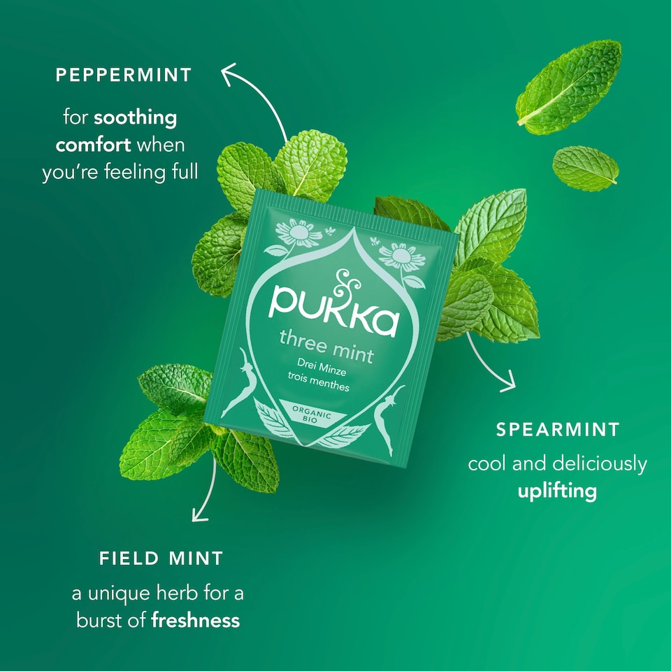 image 1 of Pukka Organic Three Mint Tea With Peppermint for Digestion 40 Herbal Tea Bags 64g