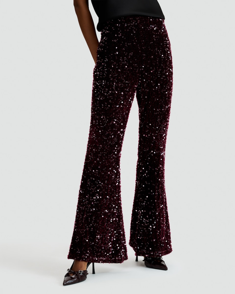 image 1 of F&F Velvet Sequin Flared Trousers in Burgundy