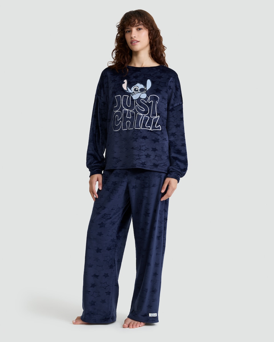 image 1 of Disney Stitch Just Chill Slogan Fleece Pyjamas in Blue