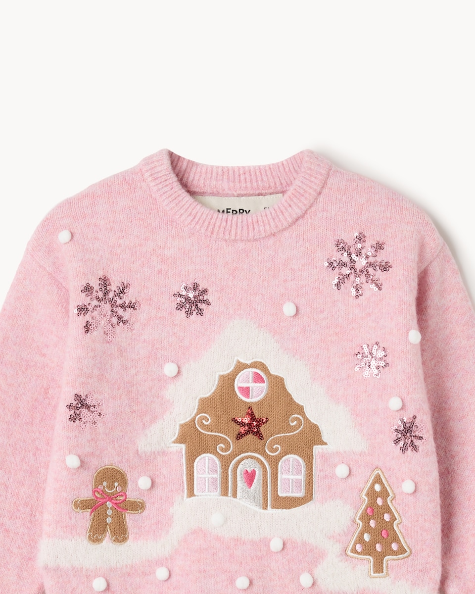 image 1 of Christmas Girls Sequin Gingerbread Jumper in Pink