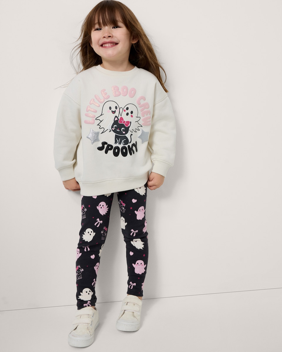 image 1 of F&F Girls Cotton Rich Boo Crew Sweatshirt and Leggings Set in Cream