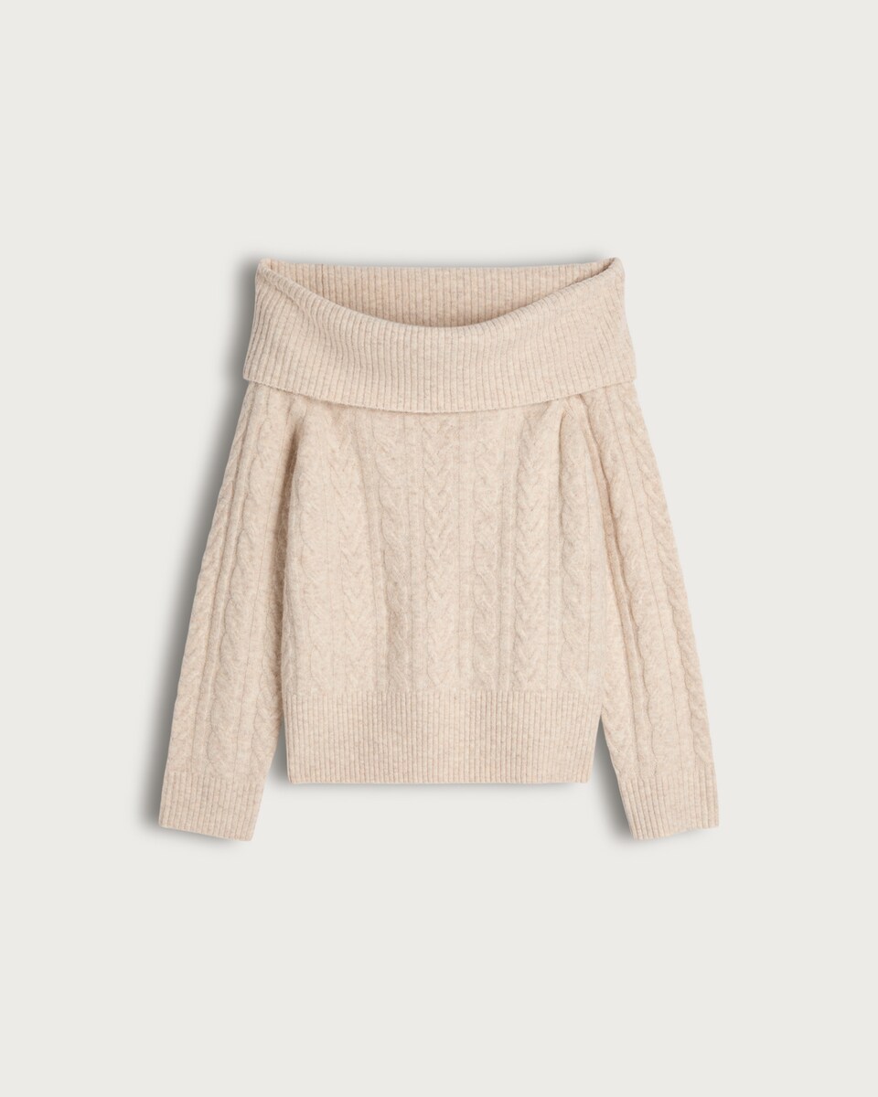 F&F Cable Knit Off Shoulder Jumper with Wool in Neutral