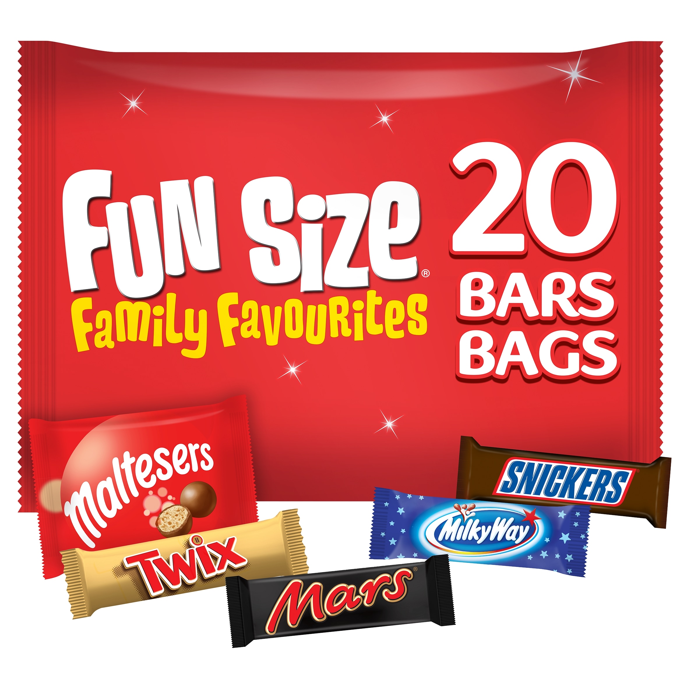 Mars, Snickers, Milky Way, Maltesers, Twix Family Favourites Funsize 20 Bags/Bars 358g