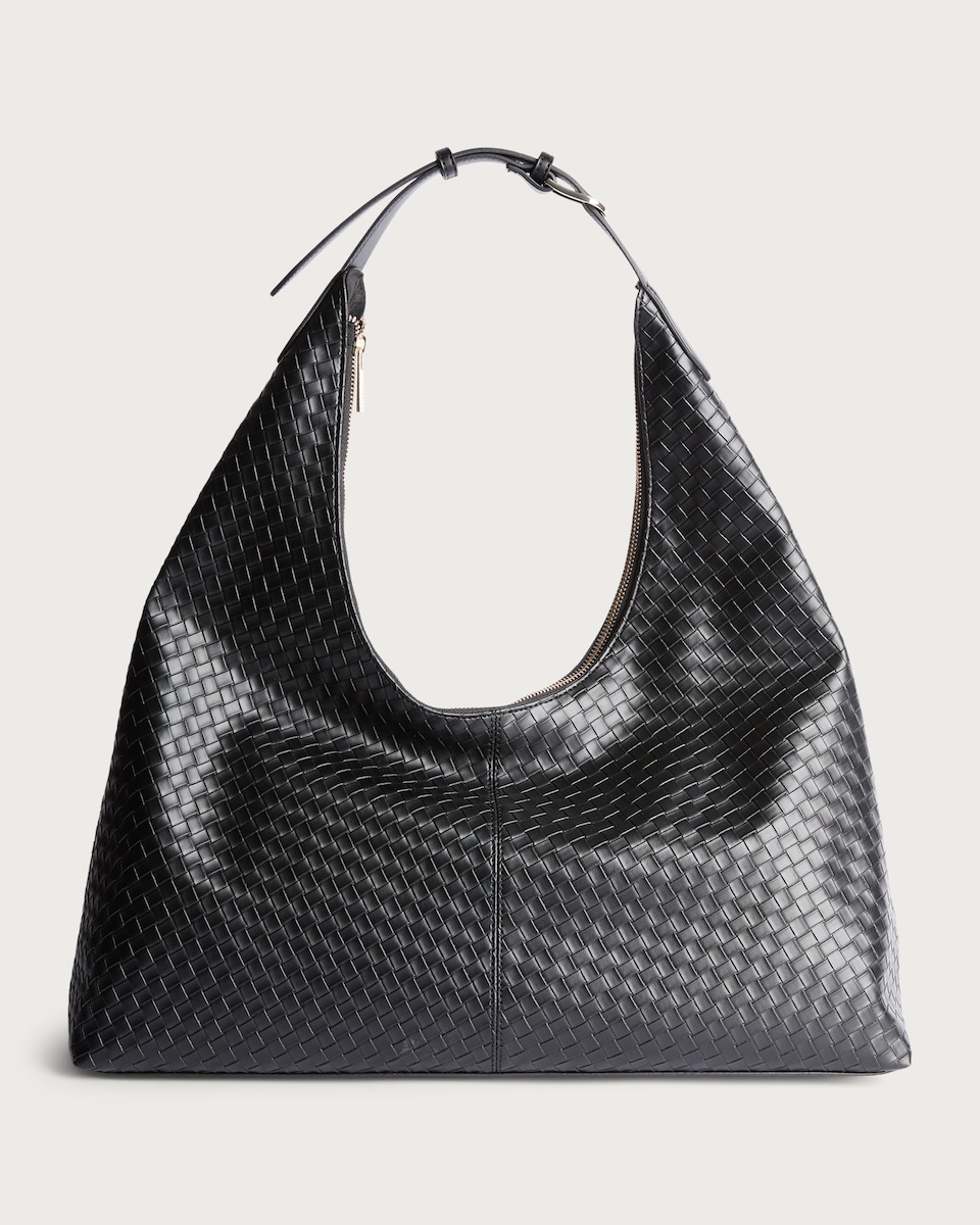 image 1 of SACHA Faux Leather Woven Shoulder Bag in Black
