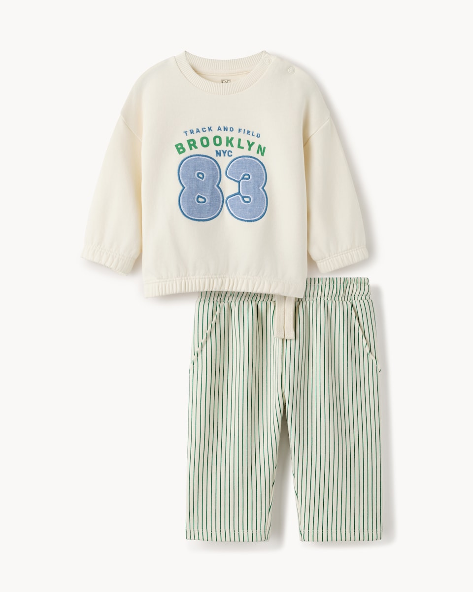 image 1 of F&F Baby 2-Piece Cotton Rich Sweatshirt & Trouser Set in Cream