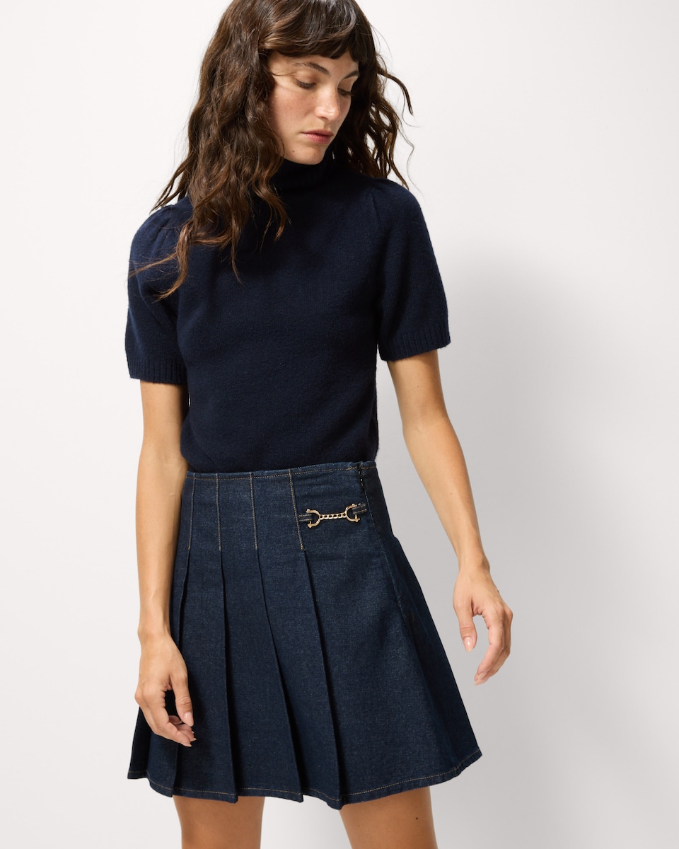 image 1 of F&F Pure Cotton Pleated Denim Mini Skirt in Navy